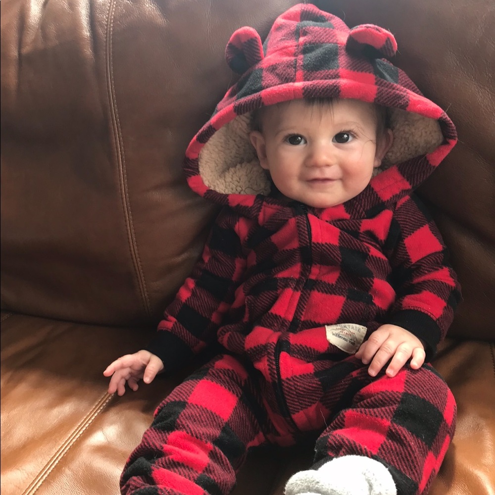 6 Month Old Buffalo Plaid Fleece Zip Onesie